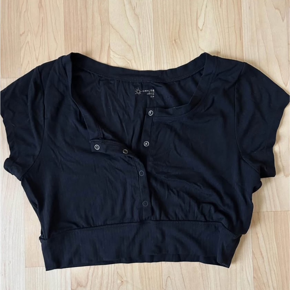 Aerie Midnight Black Buttoned Crop Top